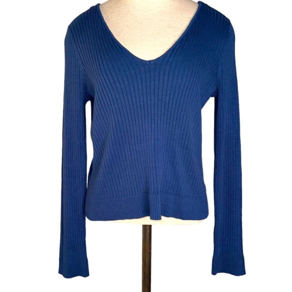 Skies Are Blue‎ Womens M Blue Ribbed Plunge Vneck Longsleeve Cropped Sweater